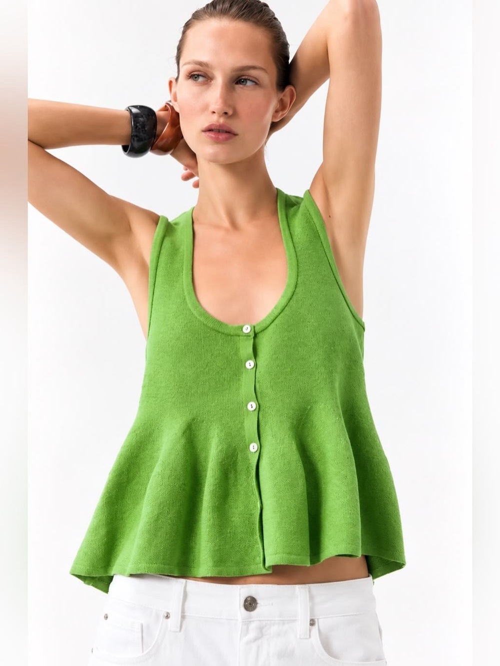 Zara Green Scoop Neck Button-Front Peplum Tank Top